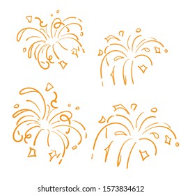 Golden Doodle Fireworks Isolated on White Background symbol for Celebration, Party Icon, Anniversary, New Year Eve. hand drawn style