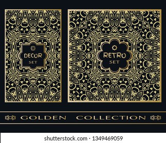 Golden doodle floral geometric pattern on a black background. Retro vintage decor frame label set. Vector stylish gold abstract design. Decorative art texture, elegant linear luxury foil fashion
