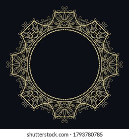 Golden doodle floral geometric pattern on a black background. Retro vintage decor frame label set. Vector stylish gold abstract design. Decorative art texture, elegant linear luxury foil fashion