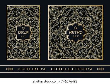 Golden doodle floral geometric pattern on a black background. Retro vintage decor frame label set. Vector stylish gold abstract design. Decorative art texture, elegant linear luxury foil fashion