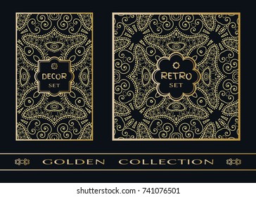 Golden doodle floral geometric pattern on a black background. Retro vintage decor frame label set. Vector stylish gold abstract design. Decorative art texture, elegant linear luxury foil fashion