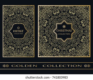 Golden doodle floral geometric pattern on a black background. Vintage, christmas decor frame label set. Vector stylish gold abstract design. Decorative art texture, elegant linear luxury foil fashion