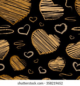 Golden doodle hearts romantic vector seamless pattern 