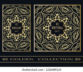 Golden doodle mandala geometric pattern on a black background. Retro vintage decor frame label set. Vector stylish gold abstract design. Decorative art texture, elegant linear luxury foil fashion