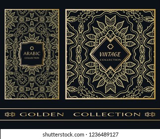 Golden doodle mandala geometric pattern on a black background. Vintage, arabic decor frame label set. Vector stylish gold abstract design. Decorative art texture, elegant linear luxury foil fashion