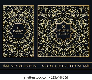 Golden doodle mandala geometric pattern on a black background. Vintage, christmas decor frame label set. Vector stylish gold abstract design. Decorative art texture, elegant linear luxury foil fashion