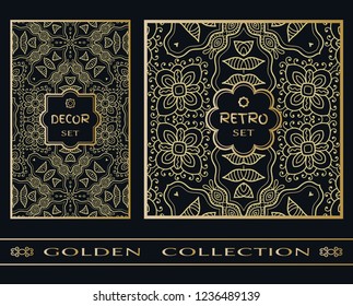 Golden doodle mandala geometric pattern on a black background. Retro vintage decor frame label set. Vector stylish gold abstract design. Decorative art texture, elegant linear luxury foil fashion