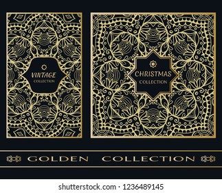 Golden doodle mandala geometric pattern on a black background. Vintage, christmas decor frame label set. Vector stylish gold abstract design. Decorative art texture, elegant linear luxury foil fashion