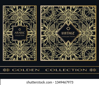 Golden doodle mandala geometric pattern on a black background. Vintage, arabic decor frame label set. Vector stylish gold abstract design. Decorative art texture, elegant linear luxury foil fashion