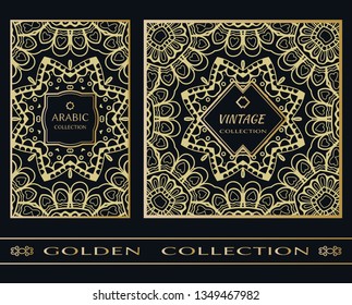 Golden doodle mandala geometric pattern on a black background. Vintage, arabic decor frame label set. Vector stylish gold abstract design. Decorative art texture, elegant linear luxury foil fashion