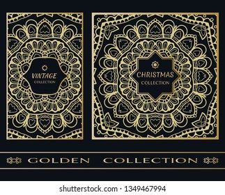 Golden doodle mandala geometric pattern on a black background. Vintage, christmas decor frame label set. Vector stylish gold abstract design. Decorative art texture, elegant linear luxury foil fashion