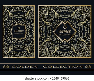 Golden doodle mandala geometric pattern on a black background. Vintage, arabic decor frame label set. Vector stylish gold abstract design. Decorative art texture, elegant linear luxury foil fashion