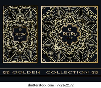Golden doodle mandala geometric pattern on a black background. Retro vintage decor frame label set. Vector stylish gold abstract design. Decorative art texture, elegant linear luxury foil fashion