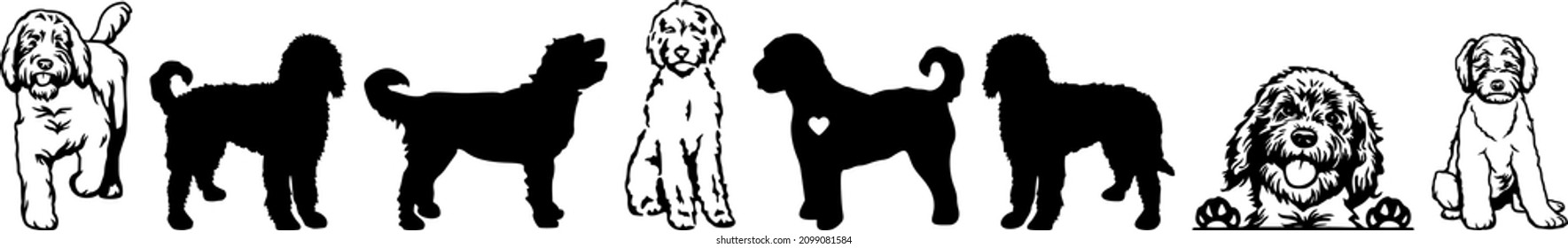 Golden Doodle Silhouettes Set, Hunde einzeln auf weißem Hintergrund