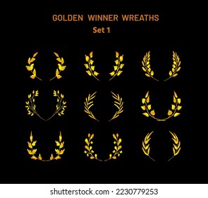 Golden doodle winner wreaths. Laurel garlands, competition award crowns of penannular or horseshoe shape. Victory, organic herb, good choice or skill. Jubilee, graduation, award, quality sign etc