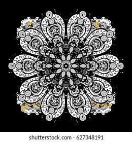 Golden and doodles elements. Vector Merry Christmas Border in black, white and yellow colors on black background.
