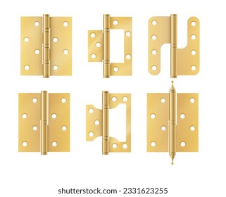 Golden door hinges construction hardware. Realistic set of gold tools for joint gates and windows.metal hinges for house and furniture. vector
