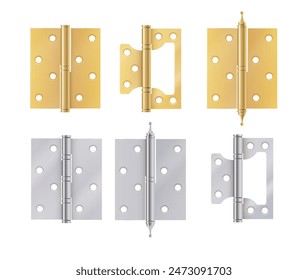 Golden door hinges construction hardware. Realistic set of gold tools for joint gates and windows metal hinges for house and furniture. vector