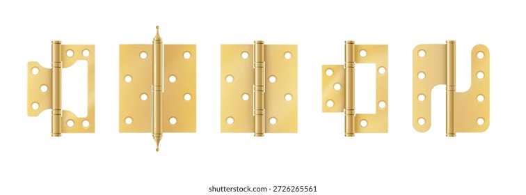 Golden Tür Scharniere Bau Hardware. Realistische Goldwerkzeuge für gemeinsame Tore und Fenster. Metallscharniere für Haus und Möbel. Vektor