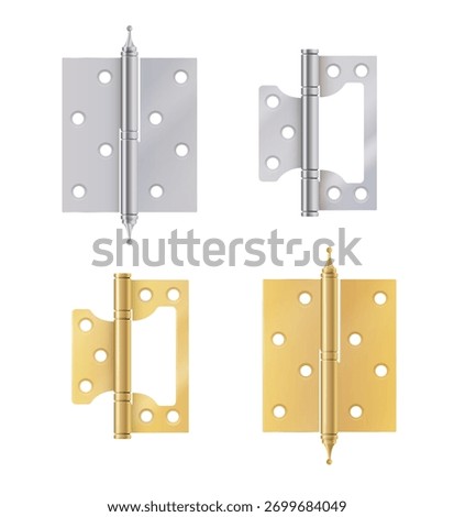 Golden door hinges construction hardware. Realistic set of gold tools for joint gates and windows metal hinges for house and furniture. vector
