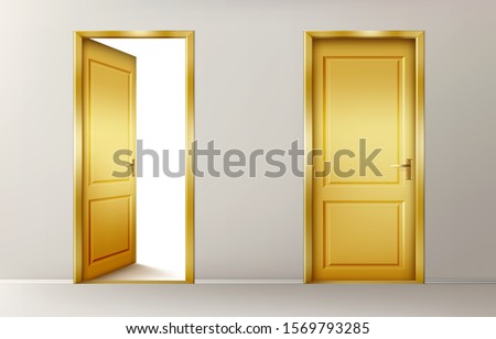 Golden doors. Vector set of realistic closed and open yellow doors in interior. Conceptual illustration for welcome, wealth luck or new opportunity