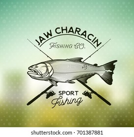 Golden Dorado Fishing emblem on blur background. Vector Illustration.