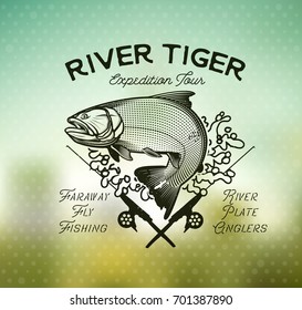 Golden Dorado Fishing emblem on blur background. Vector Illustration.