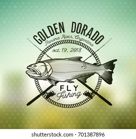 Golden Dorado Fishing Emblem On Blur Background. Vector Illustration.