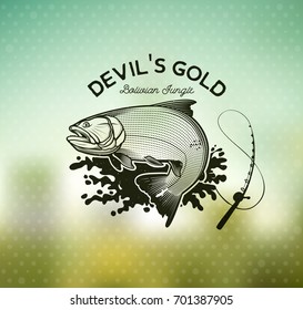 Golden Dorado Fishing emblem on blur background. Vector Illustration.