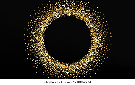 Golden Dot Art Black Background. Bright Sequin Invitation. Gold Splash Shiny Design. Circle Effect Illustration.