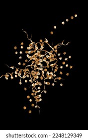 Golden Dot Art Vector Black Background. Paper Sequin Texture. Red Serpentine Bright Illustration. Glow Effect Pattern.