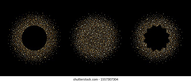 Golden dot frames set, collection. Round, circle, ring shape background. Glittering tiny spangles, uneven dots, blobs, spots, hand drawn splash, gold spray, sparks, beads frame. Border templates.
