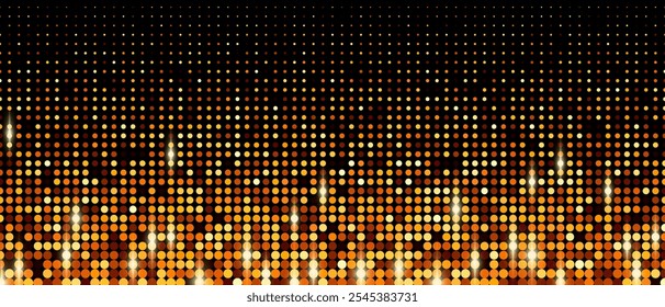 Golden dot halftone background matrix, Sparkling particles of sequins gold disco background, Vector design techno template banner.