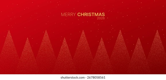 Árboles de navidad dorados del modelo del punto en el fondo rojo con el texto alegre de las Navidades 2026. Diseño festivo de la tarjeta de felicitación. Nuevo año y concepto de celebración de vacaciones.