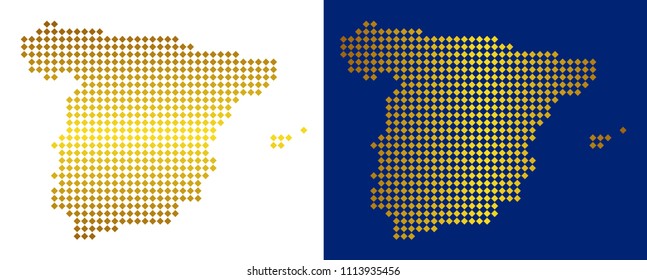 Golden dot Spain map. Vector territory maps in yellow colors with vertical and horizontal gradients. Abstract collage of Spain map organized of rhombus items.