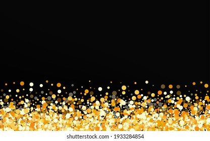 Fondo negro transparente de Punto dorado. Invitación de Navidad brillante. Cartel del glamour del Polka de oro. Tarjeta de aniversario de Splash.