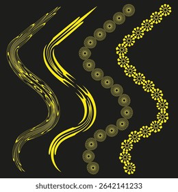 Golden dot waves. Shimmer trail pattern. Luxurious curve ornament. Vector black contrast.