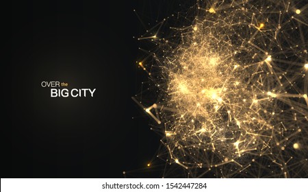 The Golden dots are connected by lines blur motion effect. Night view on big city from airplane abstract vector background. Big data web banner.