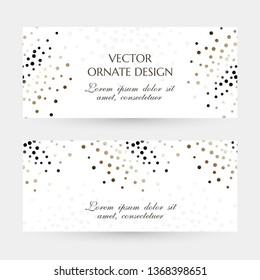 Golden dots design. Elegant horizontal flayers with decoration elements on the white background. Vector illustration for event invitation, ceremony card or celebration banner.
