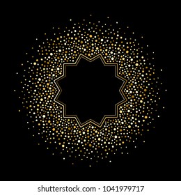 
Golden dots, drops or glittering spangles round frame with orient, muslim polygon shape for text. Gold circle shape made of tiny uneven spots, specks, splashes abstract background. Blobs texture.