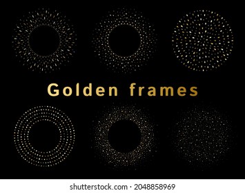 Golden dots, drops, spangles frames set, border templates collection. Round, circle, ring shape radial backgrounds. Glittering uneven dots, blobs, tiny spots, hand drawn splash, gold spray, sparks. 