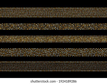 Golden dots, glittering spangles seamless borders set. Dotted wide stripes, ribbons decorations made of gold foil glittering beads, hand drawn uneven blobs, spots. Graphic design elements collection.