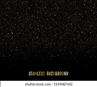 Golden dots, gold border, frame. Hand drawn glittering spangles, sparks, falling confetti texture, uneven round fading blobs, spray, splash. Seamless in horizontal direction background, decoration.