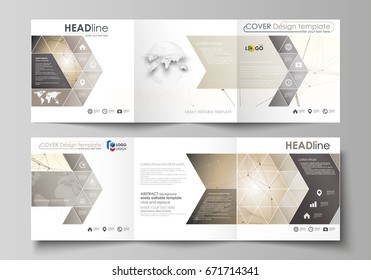 Golden dots and lines, cybernetic digital style. Lines plexus. Business templates for tri fold square design brochures. Leaflet cover, easy editable vector layout. Technology, science, medical concept