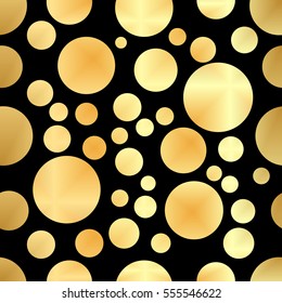 Golden dots on a black background pattern. Abstract gold geometric modern background. Vector illustration. Shiny backdrop. Texture of gold foil. Art deco style. Gold circle seamless pattern.