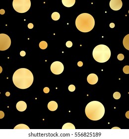 Golden dots on a black background pattern. Abstract gold geometric modern background. Vector illustration. Shiny backdrop. Texture of gold foil. Art deco style. Gold circle seamless pattern.
