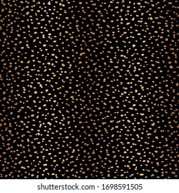 Golden dots on dark background. Gold olden polka dots. Seamless pattern dot. Random scatter golden dots, circles. Design polka for fabric, wallpaper, prints. Irregular abstract texture. Repeat backdro