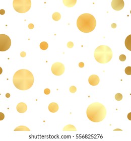 Golden dots on a white background pattern. Abstract gold geometric modern background. Vector illustration. Shiny backdrop. Texture of gold foil. Art deco style. Gold circle seamless pattern.