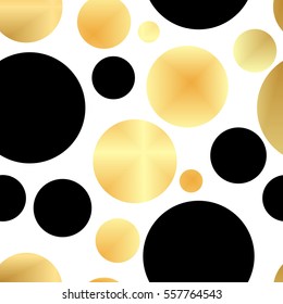 Golden dots on a white background pattern. Abstract gold geometric modern background. Vector illustration. Shiny backdrop. Texture of gold foil. Art deco style. Gold circle seamless pattern