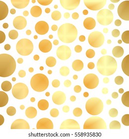 Golden dots on a white background pattern. Abstract gold geometric modern background. Vector illustration. Shiny backdrop. Texture of gold foil. Art deco style. Gold circle seamless pattern.